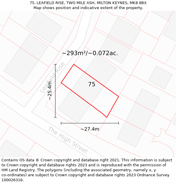 75, LEAFIELD RISE, TWO MILE ASH, MILTON KEYNES, MK8 8BX: Plot and title map