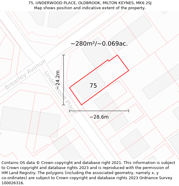 75, UNDERWOOD PLACE, OLDBROOK, MILTON KEYNES, MK6 2SJ: Plot and title map