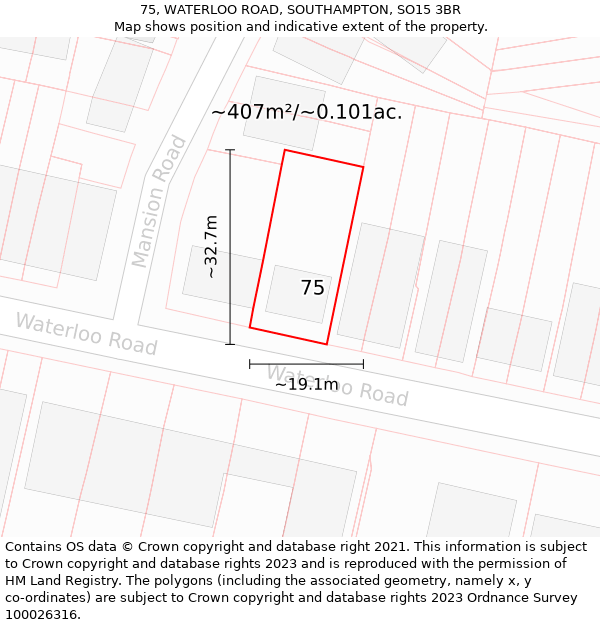 75, WATERLOO ROAD, SOUTHAMPTON, SO15 3BR: Plot and title map