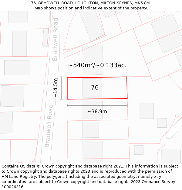 76, BRADWELL ROAD, LOUGHTON, MILTON KEYNES, MK5 8AL: Plot and title map