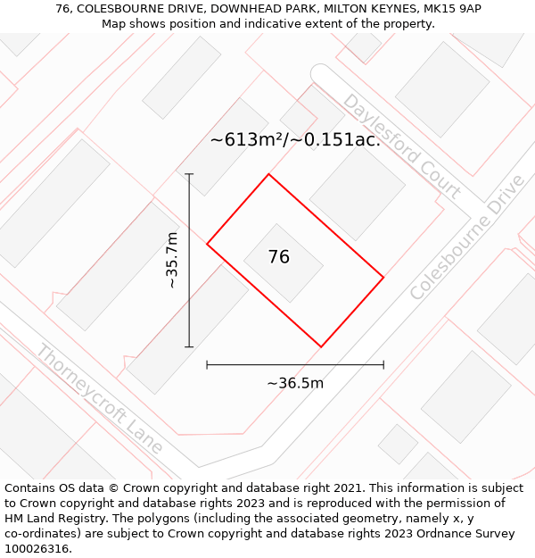 76, COLESBOURNE DRIVE, DOWNHEAD PARK, MILTON KEYNES, MK15 9AP: Plot and title map