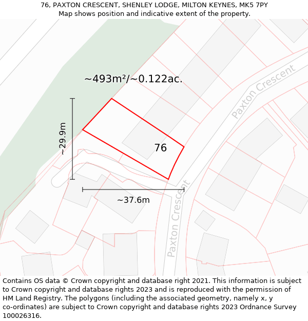 76, PAXTON CRESCENT, SHENLEY LODGE, MILTON KEYNES, MK5 7PY: Plot and title map