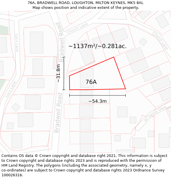 76A, BRADWELL ROAD, LOUGHTON, MILTON KEYNES, MK5 8AL: Plot and title map