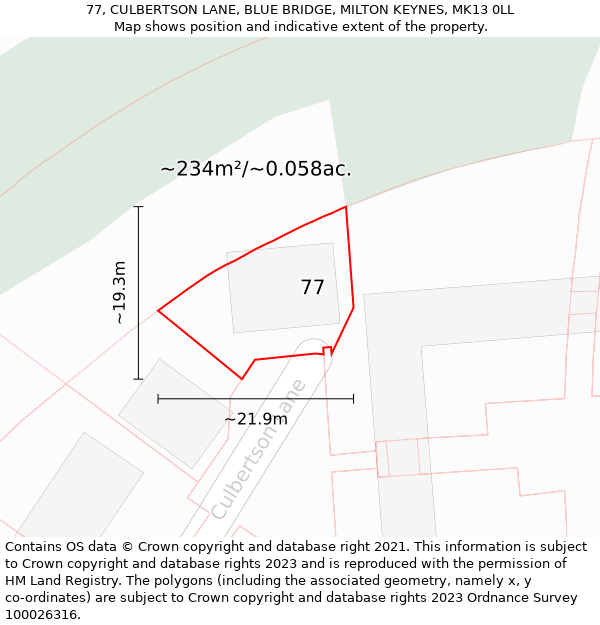 77, CULBERTSON LANE, BLUE BRIDGE, MILTON KEYNES, MK13 0LL: Plot and title map