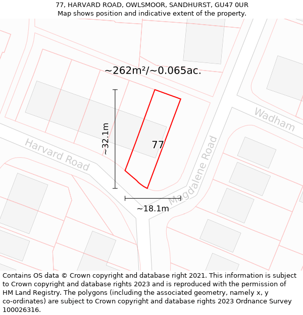 77, HARVARD ROAD, OWLSMOOR, SANDHURST, GU47 0UR: Plot and title map