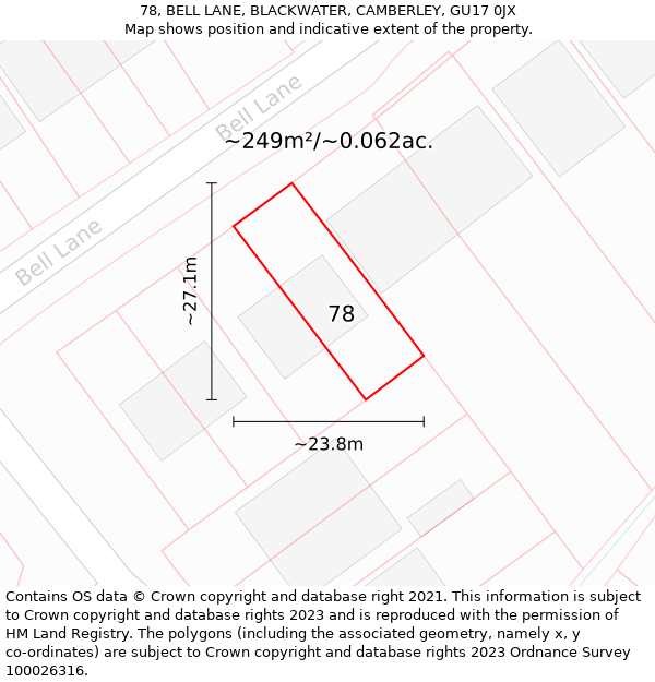 78, BELL LANE, BLACKWATER, CAMBERLEY, GU17 0JX: Plot and title map