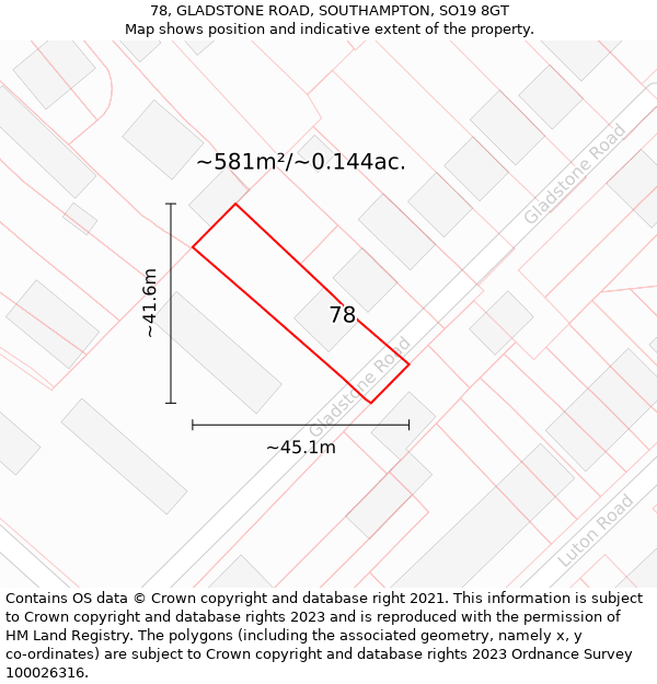 78, GLADSTONE ROAD, SOUTHAMPTON, SO19 8GT: Plot and title map