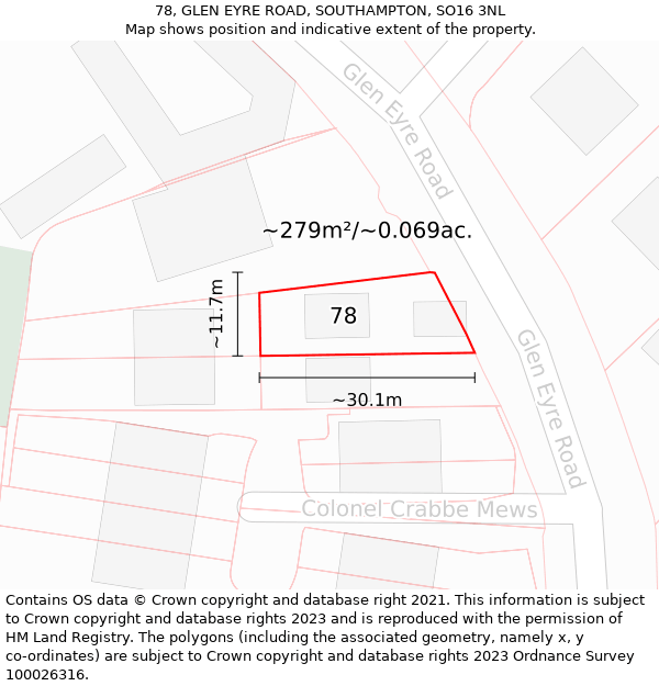 78, GLEN EYRE ROAD, SOUTHAMPTON, SO16 3NL: Plot and title map