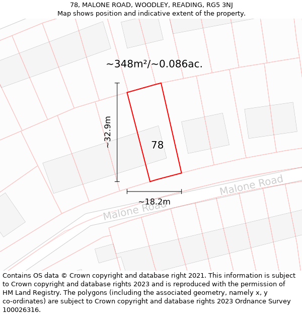 78, MALONE ROAD, WOODLEY, READING, RG5 3NJ: Plot and title map