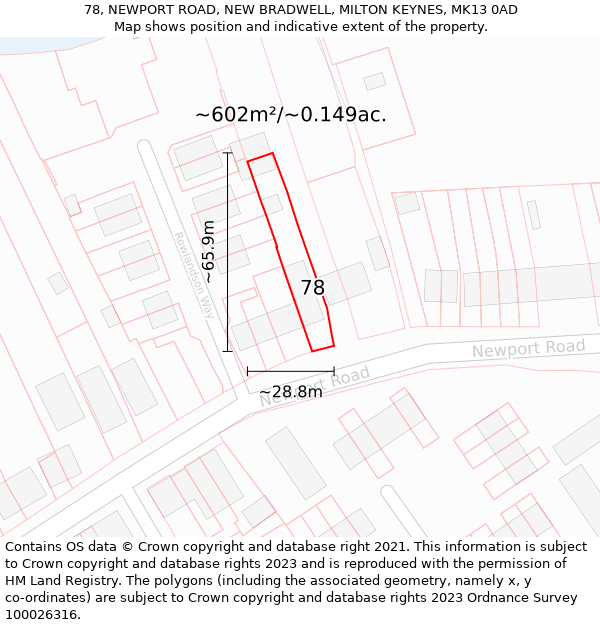 78, NEWPORT ROAD, NEW BRADWELL, MILTON KEYNES, MK13 0AD: Plot and title map