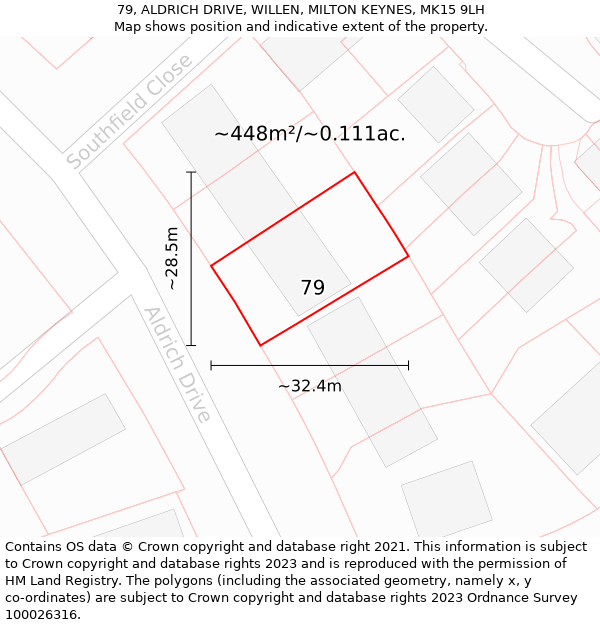 79, ALDRICH DRIVE, WILLEN, MILTON KEYNES, MK15 9LH: Plot and title map