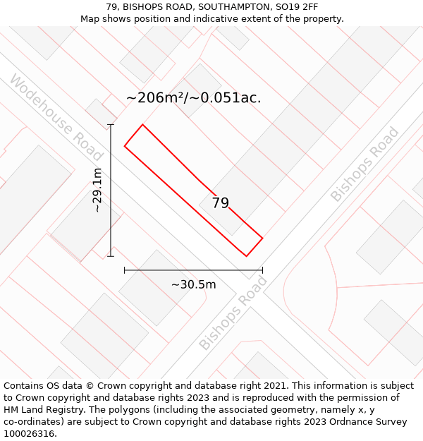 79, BISHOPS ROAD, SOUTHAMPTON, SO19 2FF: Plot and title map