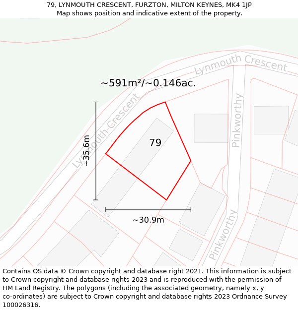 79, LYNMOUTH CRESCENT, FURZTON, MILTON KEYNES, MK4 1JP: Plot and title map