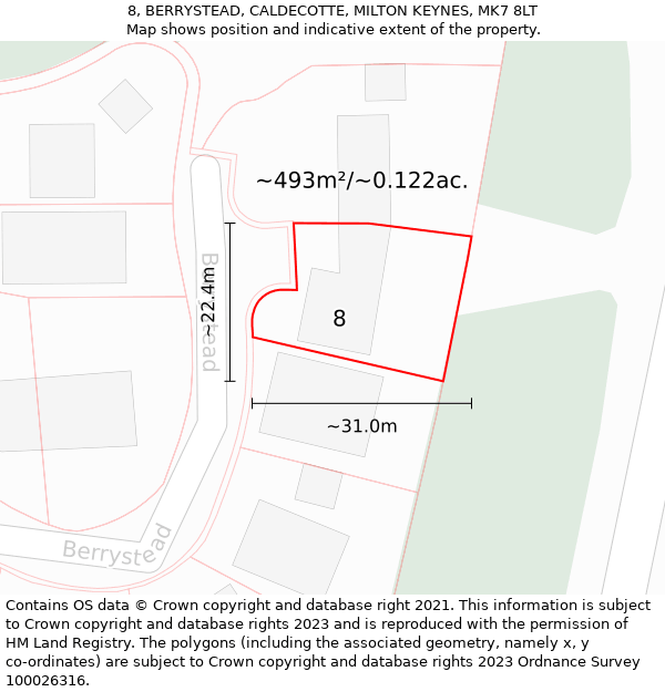 8, BERRYSTEAD, CALDECOTTE, MILTON KEYNES, MK7 8LT: Plot and title map