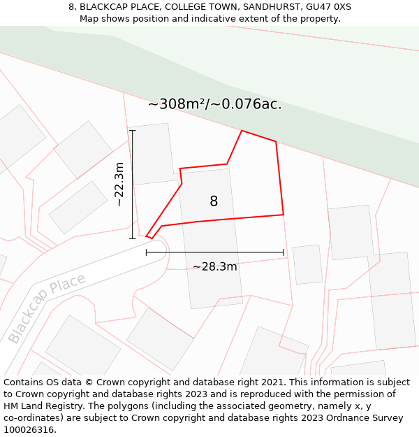 8, BLACKCAP PLACE, COLLEGE TOWN, SANDHURST, GU47 0XS: Plot and title map