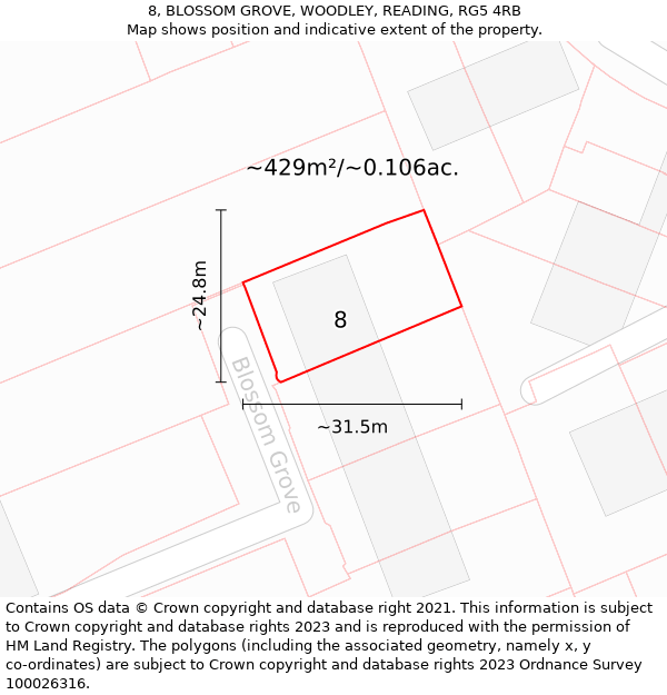8, BLOSSOM GROVE, WOODLEY, READING, RG5 4RB: Plot and title map