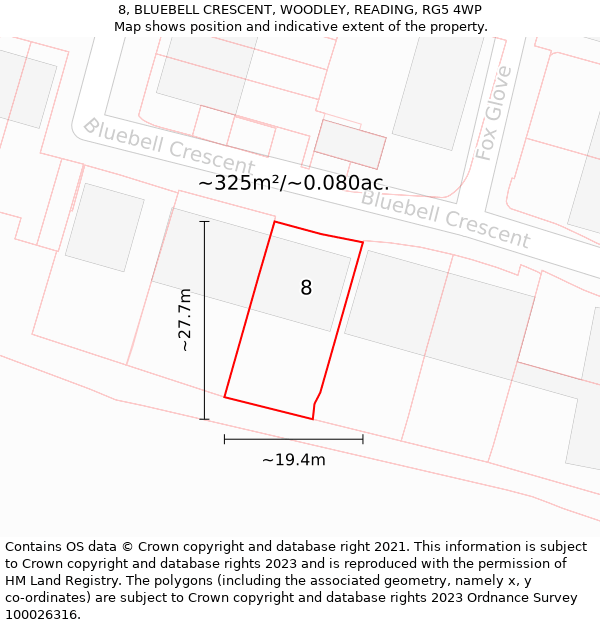 8, BLUEBELL CRESCENT, WOODLEY, READING, RG5 4WP: Plot and title map