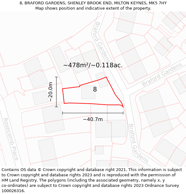 8, BRAFORD GARDENS, SHENLEY BROOK END, MILTON KEYNES, MK5 7HY: Plot and title map