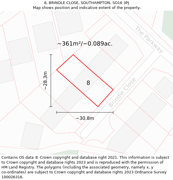 8, BRINDLE CLOSE, SOUTHAMPTON, SO16 3PJ: Plot and title map