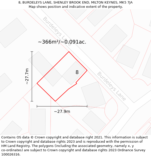 8, BURDELEYS LANE, SHENLEY BROOK END, MILTON KEYNES, MK5 7JA: Plot and title map