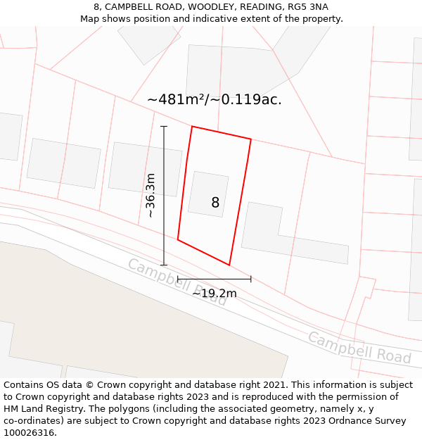 8, CAMPBELL ROAD, WOODLEY, READING, RG5 3NA: Plot and title map