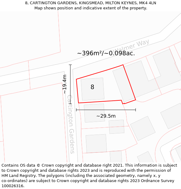 8, CARTINGTON GARDENS, KINGSMEAD, MILTON KEYNES, MK4 4LN: Plot and title map