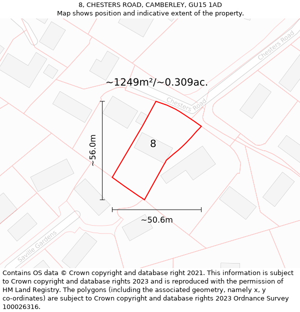 8, CHESTERS ROAD, CAMBERLEY, GU15 1AD: Plot and title map