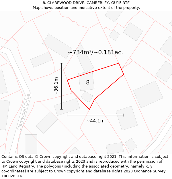 8, CLAREWOOD DRIVE, CAMBERLEY, GU15 3TE: Plot and title map