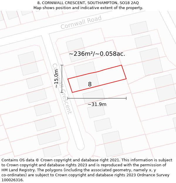 8, CORNWALL CRESCENT, SOUTHAMPTON, SO18 2AQ: Plot and title map