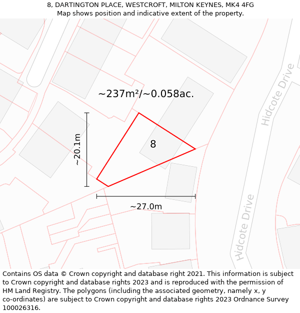 8, DARTINGTON PLACE, WESTCROFT, MILTON KEYNES, MK4 4FG: Plot and title map