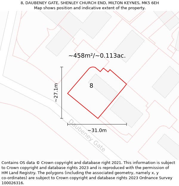 8, DAUBENEY GATE, SHENLEY CHURCH END, MILTON KEYNES, MK5 6EH: Plot and title map