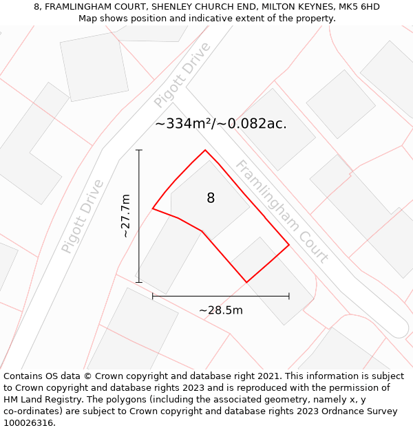 8, FRAMLINGHAM COURT, SHENLEY CHURCH END, MILTON KEYNES, MK5 6HD: Plot and title map