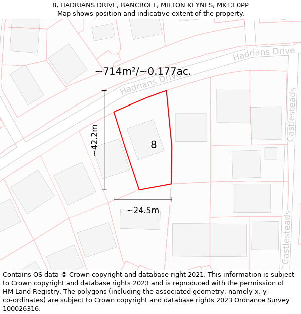 8, HADRIANS DRIVE, BANCROFT, MILTON KEYNES, MK13 0PP: Plot and title map