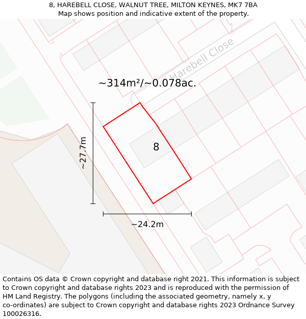 8, HAREBELL CLOSE, WALNUT TREE, MILTON KEYNES, MK7 7BA: Plot and title map