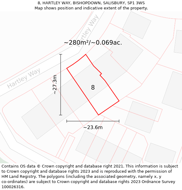 8, HARTLEY WAY, BISHOPDOWN, SALISBURY, SP1 3WS: Plot and title map