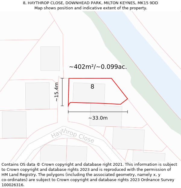 8, HAYTHROP CLOSE, DOWNHEAD PARK, MILTON KEYNES, MK15 9DD: Plot and title map