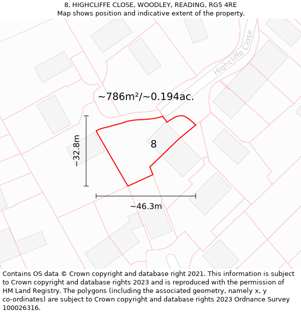 8, HIGHCLIFFE CLOSE, WOODLEY, READING, RG5 4RE: Plot and title map