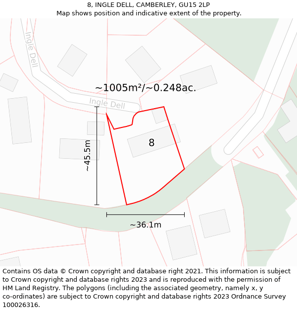 8, INGLE DELL, CAMBERLEY, GU15 2LP: Plot and title map