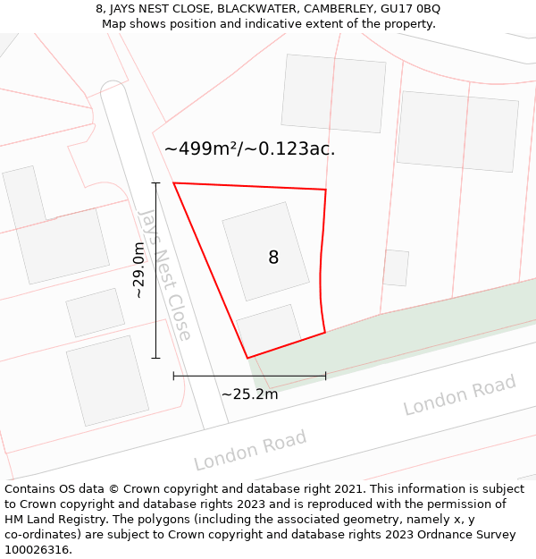 8, JAYS NEST CLOSE, BLACKWATER, CAMBERLEY, GU17 0BQ: Plot and title map