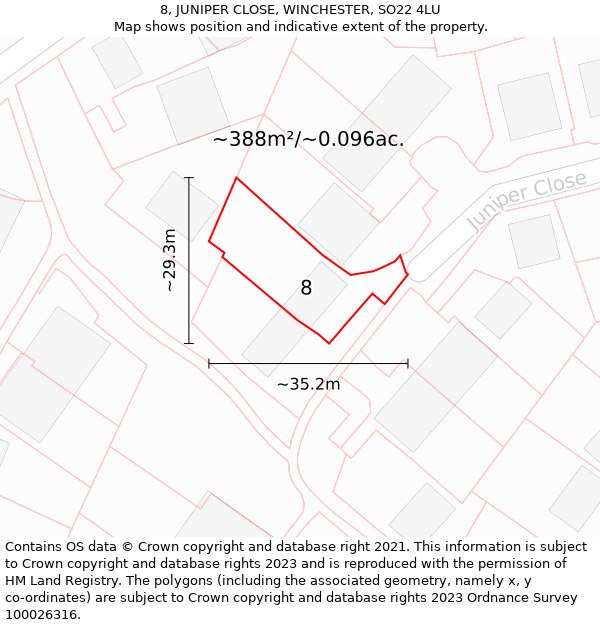 8, JUNIPER CLOSE, WINCHESTER, SO22 4LU: Plot and title map