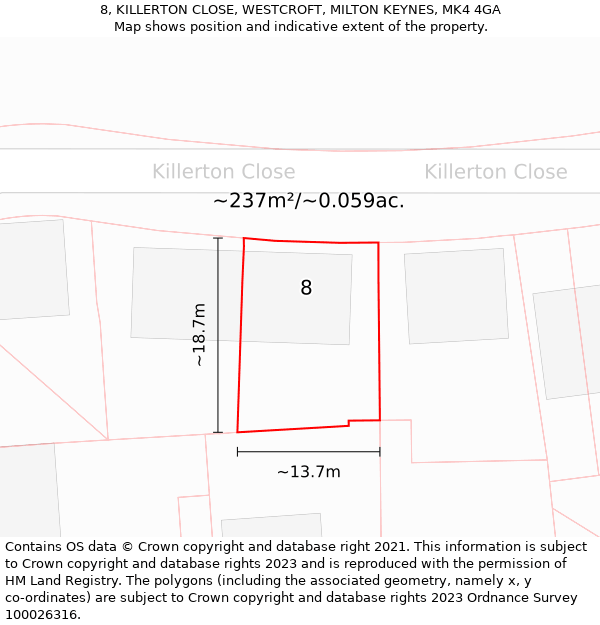 8, KILLERTON CLOSE, WESTCROFT, MILTON KEYNES, MK4 4GA: Plot and title map