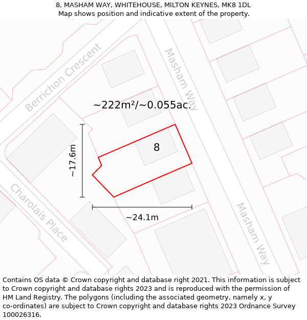 8, MASHAM WAY, WHITEHOUSE, MILTON KEYNES, MK8 1DL: Plot and title map