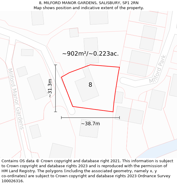 8, MILFORD MANOR GARDENS, SALISBURY, SP1 2RN: Plot and title map