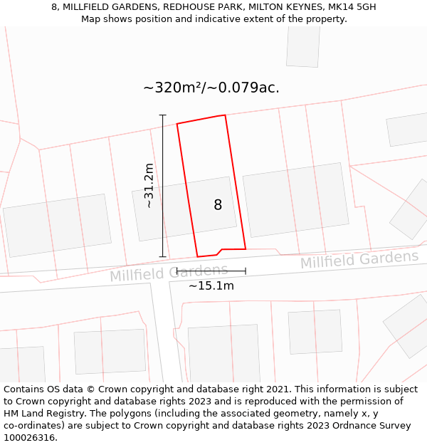 8, MILLFIELD GARDENS, REDHOUSE PARK, MILTON KEYNES, MK14 5GH: Plot and title map