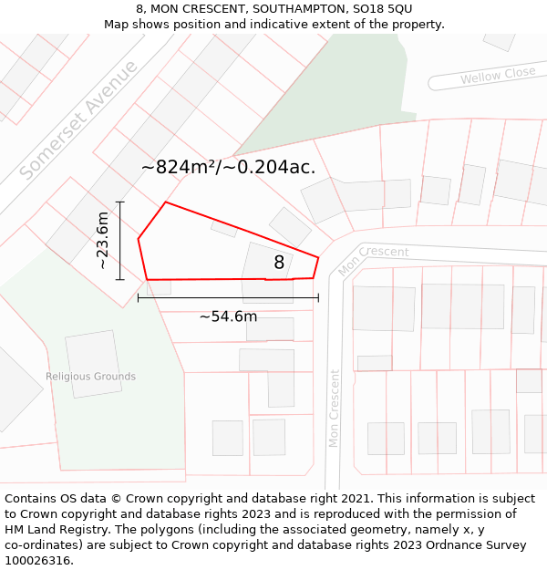 8, MON CRESCENT, SOUTHAMPTON, SO18 5QU: Plot and title map