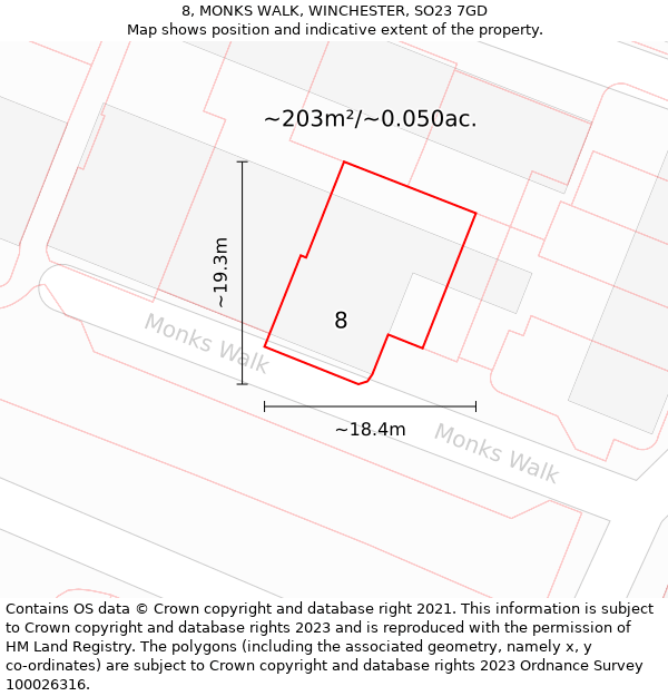 8, MONKS WALK, WINCHESTER, SO23 7GD: Plot and title map