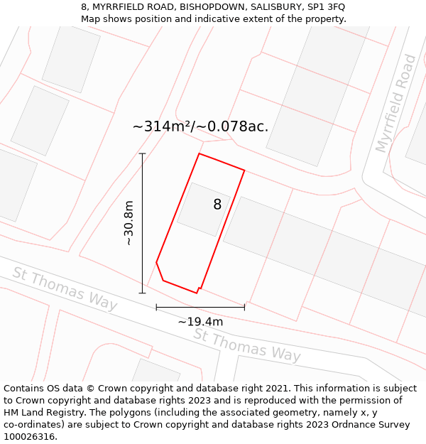 8, MYRRFIELD ROAD, BISHOPDOWN, SALISBURY, SP1 3FQ: Plot and title map