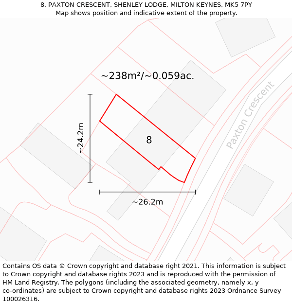 8, PAXTON CRESCENT, SHENLEY LODGE, MILTON KEYNES, MK5 7PY: Plot and title map