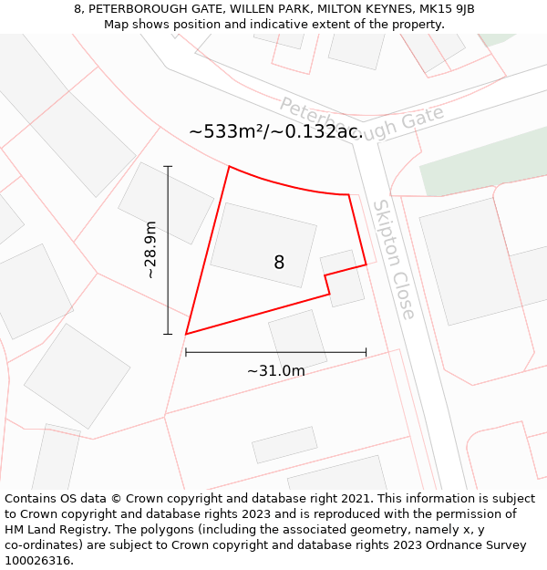 8, PETERBOROUGH GATE, WILLEN PARK, MILTON KEYNES, MK15 9JB: Plot and title map