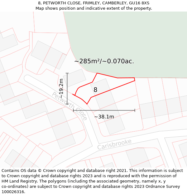 8, PETWORTH CLOSE, FRIMLEY, CAMBERLEY, GU16 8XS: Plot and title map